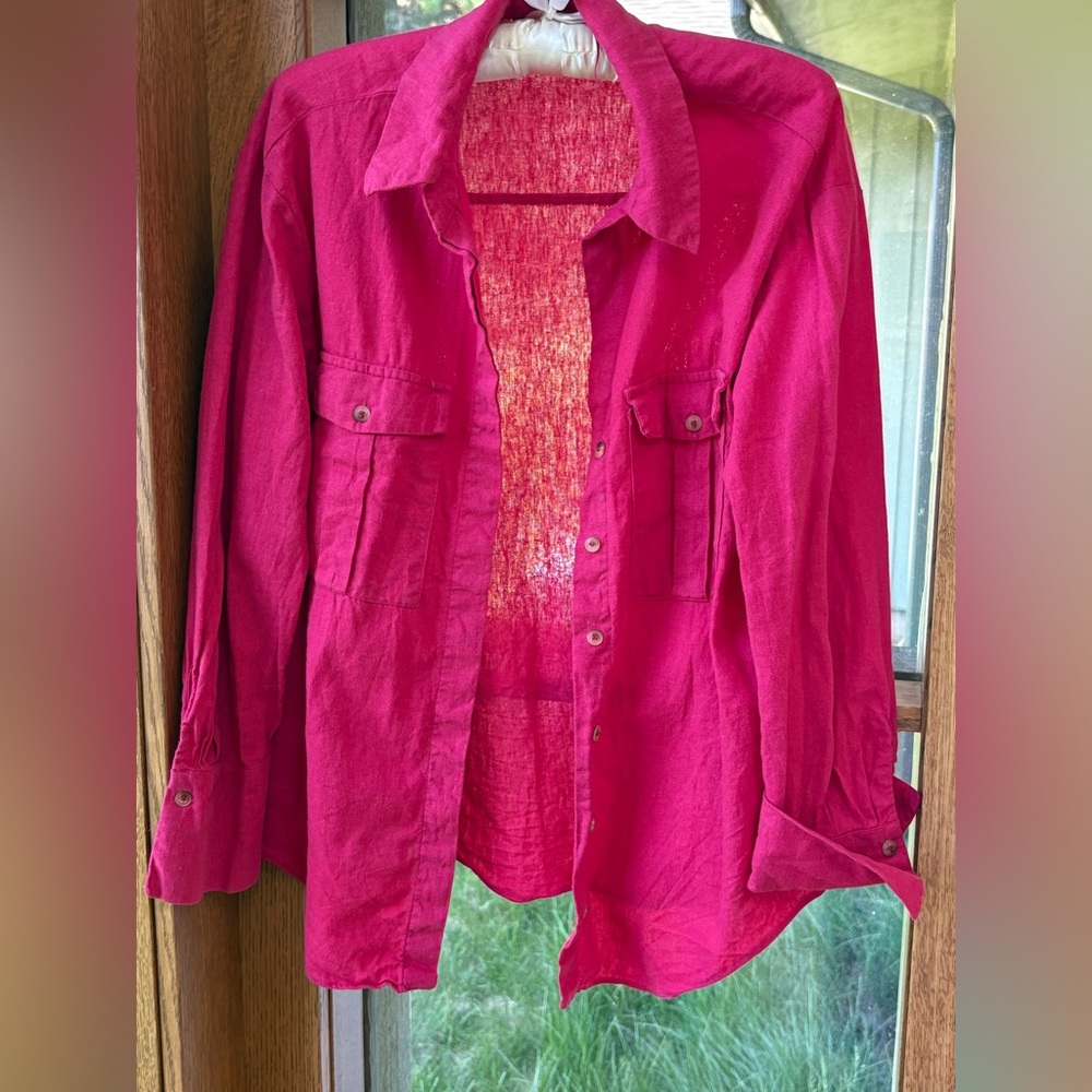 Zara hot pink linen button down shirt 👚 Long Sleeve Comfy Size M